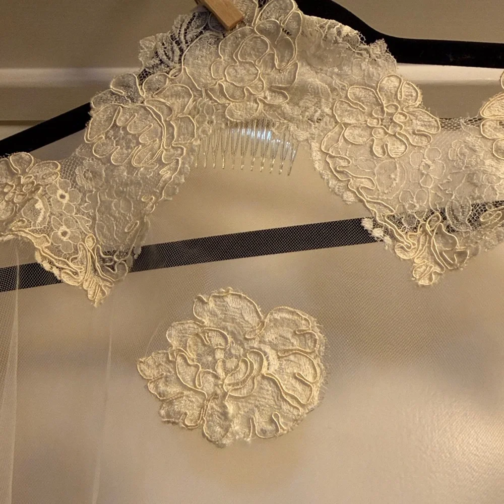 Vintage Ivory Lace-Trim Bridal Veil with Floral Appliqués, Fingertip Length - Picture 2 of 9
